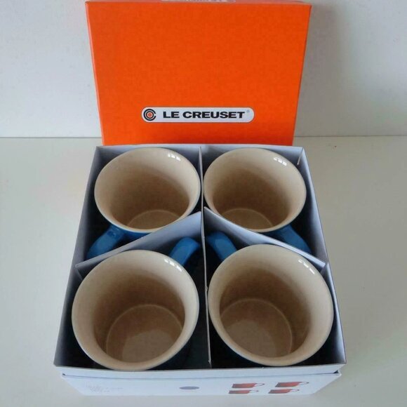 NIB LE CREUSET Blueberry Blue Stoneware Mugs Cups Embossed Lettering Set of 4 - Picture 7 of 8